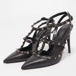 Pre Owned Valentino Black Leather Rockstud Strappy Pumps Size 37