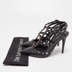 Pre Owned Valentino Black Leather Rockstud Strappy Pumps Size 37