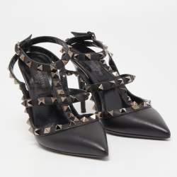 Pre Owned Valentino Black Leather Rockstud Strappy Pointed Toe Pumps Size 34