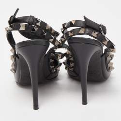 Pre Owned Valentino Black Leather Rockstud Strappy Pointed Toe Pumps Size 34