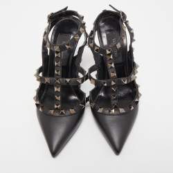 Pre Owned Valentino Black Leather Rockstud Strappy Pointed Toe Pumps Size 34
