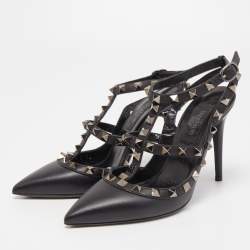 Pre Owned Valentino Black Leather Rockstud Strappy Pointed Toe Pumps Size 34