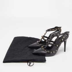 Pre Owned Valentino Black Leather Rockstud Strappy Pointed Toe Pumps Size 34