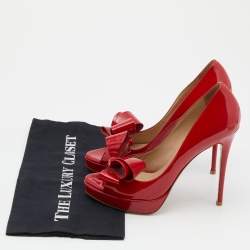 Pre Owned Valentino Red Patent Leather Bow Peep Toe Platform Pumps Size 38