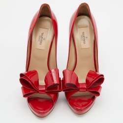 Pre Owned Valentino Red Patent Leather Bow Peep Toe Platform Pumps Size 38