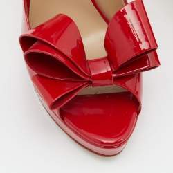 Pre Owned Valentino Red Patent Leather Bow Peep Toe Platform Pumps Size 38
