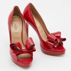 Pre Owned Valentino Red Patent Leather Bow Peep Toe Platform Pumps Size 38