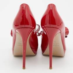 Pre Owned Valentino Red Patent Leather Bow Peep Toe Platform Pumps Size 38