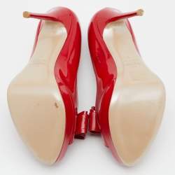 Pre Owned Valentino Red Patent Leather Bow Peep Toe Platform Pumps Size 38