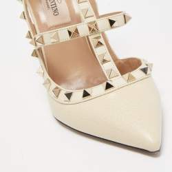Pre Owned Valentino Cream Leather Rockstud Ankle Strap Pumps Size 36.5
