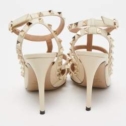 Pre Owned Valentino Cream Leather Rockstud Ankle Strap Pumps Size 36.5