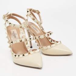 Pre Owned Valentino Cream Leather Rockstud Ankle Strap Pumps Size 36.5