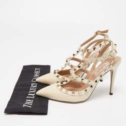 Pre Owned Valentino Cream Leather Rockstud Ankle Strap Pumps Size 36.5