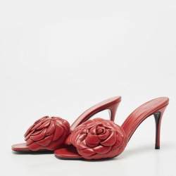 Pre Owned Valentino Red Leather Rose Atelier Slide Sandals Size 36.5