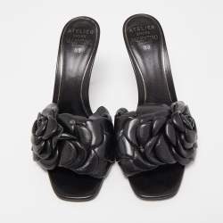 Pre Owned Valentino Black Flower Detail Leather Slide Sandals Size 39