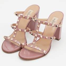 Pre Owned Valentino Pink Patent Leather Rockstud Caged Slide Sandals Size 40