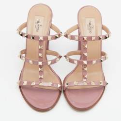 Pre Owned Valentino Pink Patent Leather Rockstud Caged Slide Sandals Size 40