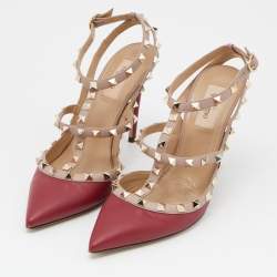 Pre Owned Valentino Red/Pink Leather Rockstud Ankle Strap Pumps Size 39.5