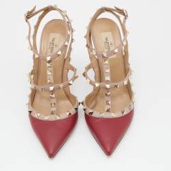 Pre Owned Valentino Red/Pink Leather Rockstud Ankle Strap Pumps Size 39.5