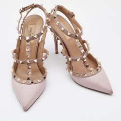 Pre Owned Valentino Two Tone Leather Rockstud Ankle Strap Pumps Size 39.5