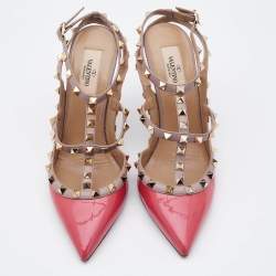 Pre Owned Valentino Pink Patent and Leather Rockstud Ankle Strap Pumps Size 39.5