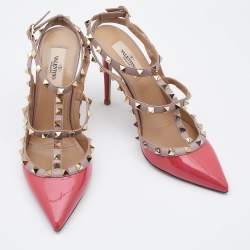 Pre Owned Valentino Pink Patent and Leather Rockstud Ankle Strap Pumps Size 39.5