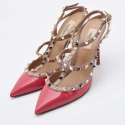 Pre Owned Valentino Pink Patent and Leather Rockstud Ankle Strap Pumps Size 39.5