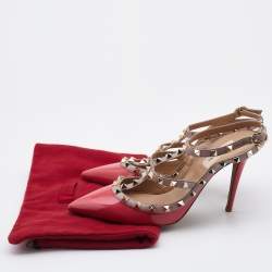 Pre Owned Valentino Pink Patent and Leather Rockstud Ankle Strap Pumps Size 39.5