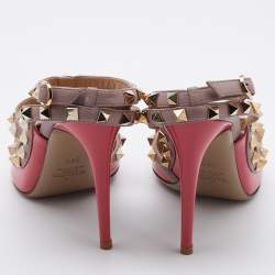 Pre Owned Valentino Pink Patent and Leather Rockstud Ankle Strap Pumps Size 39.5