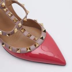 Pre Owned Valentino Pink Patent and Leather Rockstud Ankle Strap Pumps Size 39.5