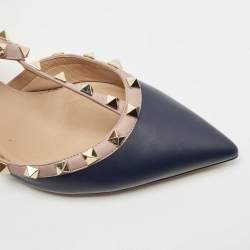 Pre Owned Valentino Blue Leather Rockstud Strappy Pumps Size 38.5