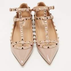 Pre Owned Valentino Dusty Pink Leather Rockstud Strappy Ballet Flats Size 39