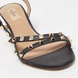 Pre Owned Valentino Black Leather Rockstud Strappy Slingback Sandals Size 38