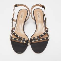 Pre Owned Valentino Black Leather Rockstud Strappy Slingback Sandals Size 38