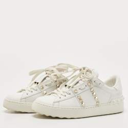 Pre Owned Valentino White Leather Rockstud Low Top Sneakers Size 36