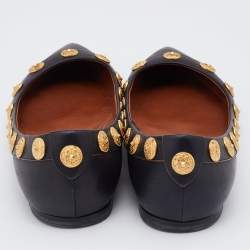Pre Owned Valentino Black Leather Coin Embellished Pointed Toe Ballet Flats Size 38