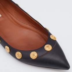 Pre Owned Valentino Black Leather Coin Embellished Pointed Toe Ballet Flats Size 38