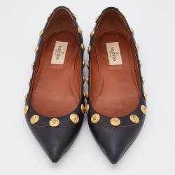 Pre Owned Valentino Black Leather Coin Embellished Pointed Toe Ballet Flats Size 38
