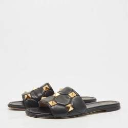 Pre Owned Valentino Black Leather Roman Stud Flat Slides Size 40