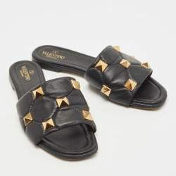 Pre Owned Valentino Black Leather Roman Stud Flat Slides Size 40