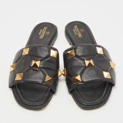 Pre Owned Valentino Black Leather Roman Stud Flat Slides Size 40