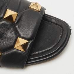 Pre Owned Valentino Black Leather Roman Stud Flat Slides Size 40