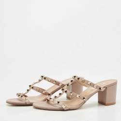 Pre Owned Valentino Beige Leather Rockstud Slide Sandals Size 40.5