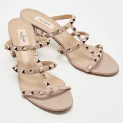 Pre Owned Valentino Beige Leather Rockstud Slide Sandals Size 40.5