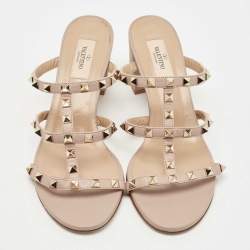 Pre Owned Valentino Beige Leather Rockstud Slide Sandals Size 40.5