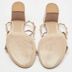 Pre Owned Valentino Beige Leather Rockstud Slide Sandals Size 40.5