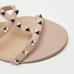 Pre Owned Valentino Beige Leather Rockstud Slide Sandals Size 40.5