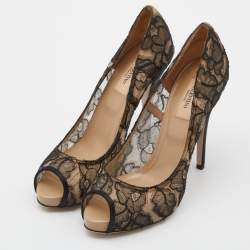 Pre Owned Valentino Black Lace and Satin Peep Toe Pumps 39