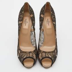 Pre Owned Valentino Black Lace and Satin Peep Toe Pumps 39