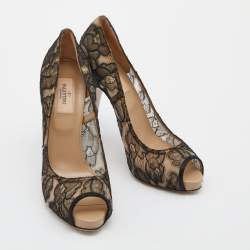 Pre Owned Valentino Black Lace and Satin Peep Toe Pumps 39